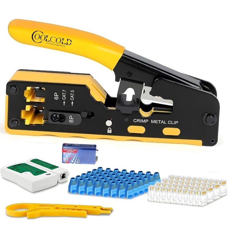 COOLCOLD RJ45 Crimping Tool Kit – All-in-One Passthrough Ethernet Crimper for Cat5/Cat6/Cat7 – Includes Network Cable Tester with Battery, 10pc Cat6 Pass-Through Connectors & 10pc Boots(Multicolor) - Image 1