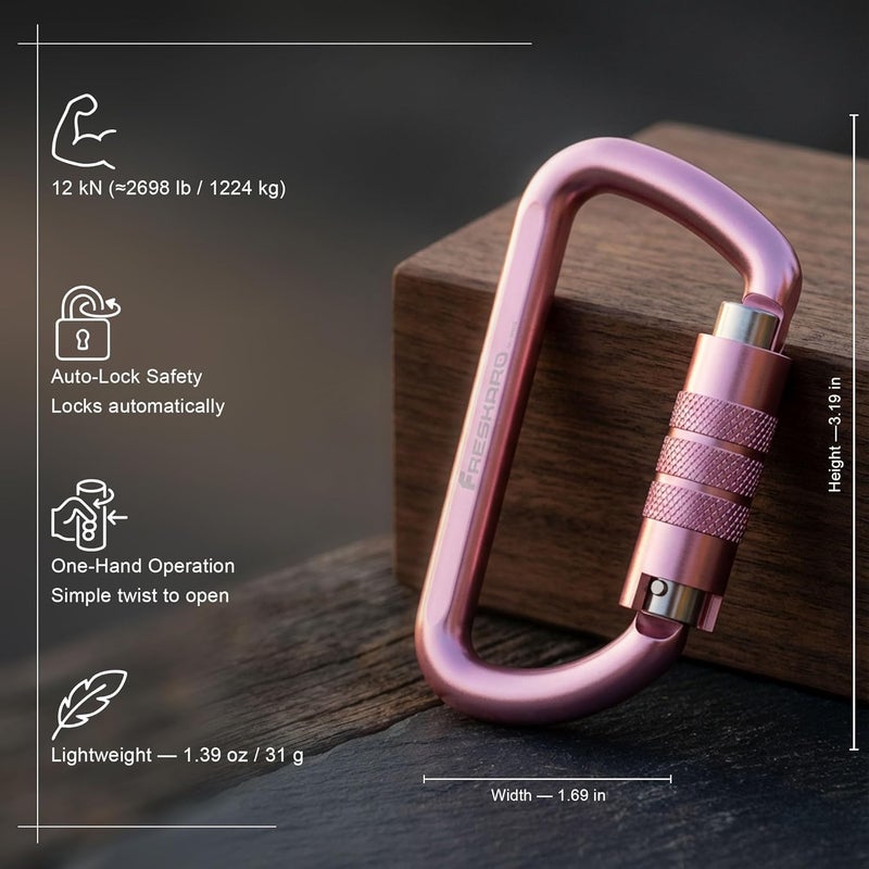 FresKaro 3inch 12kN-2698lbs Auto Locking Carabiner Clips, Solid D Shape, Heavy Duty 7075 Aluminum, Lightweight 1.09oz, Rust Proof, for Hammock, Hiking, Dog Leash, Keychain etc., Multi-Colors - Image 2