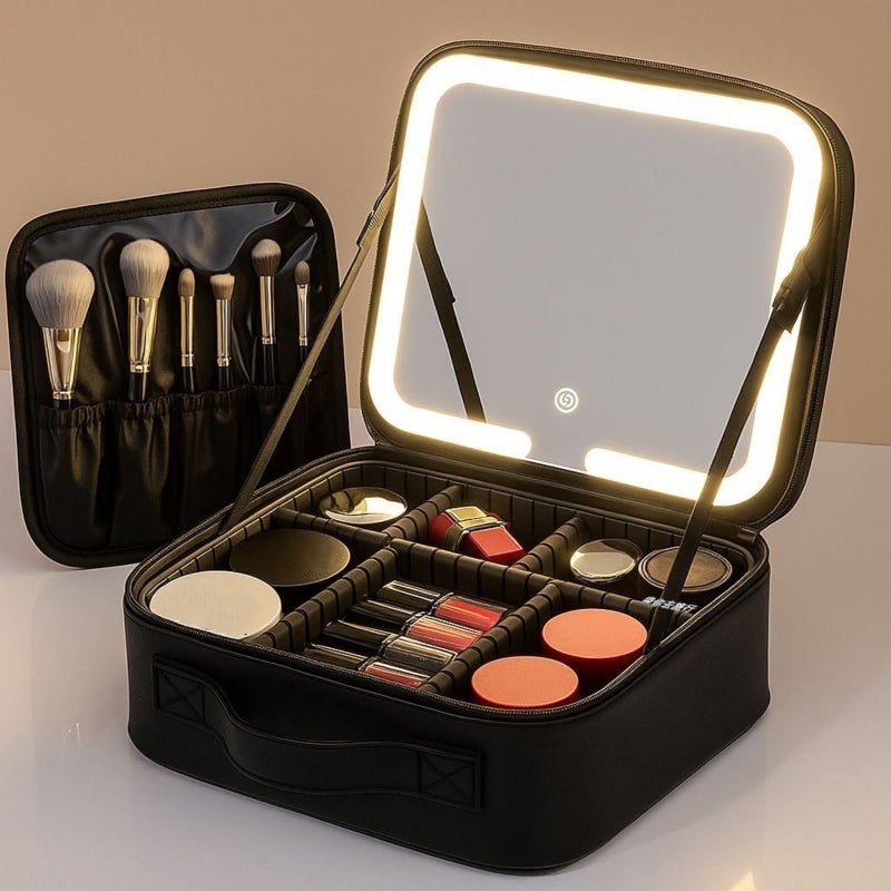 LED cosmetic bag with mirror, large-capacity cosmetic storage box, desktop cosmetic case for travel and business travel (three-color dimming) - Image 4