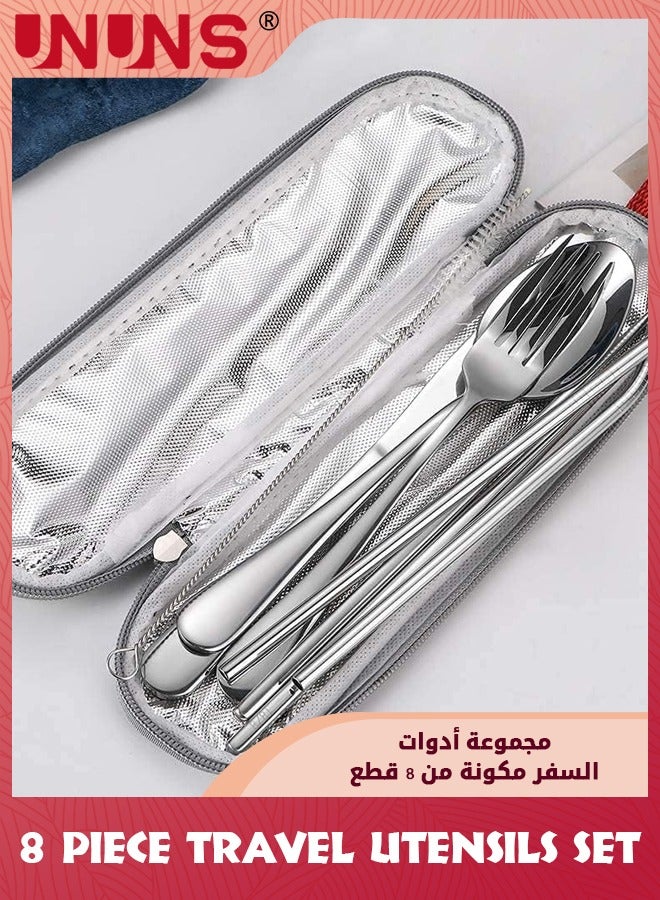 Travel Utensils Set,8-piece Reusable Utensils Set Tableware With Case and Straws,Portable Travel Camping Stainless Steel Flatware Set,Travel Cutlery Set Dishwasher Safe,Silver