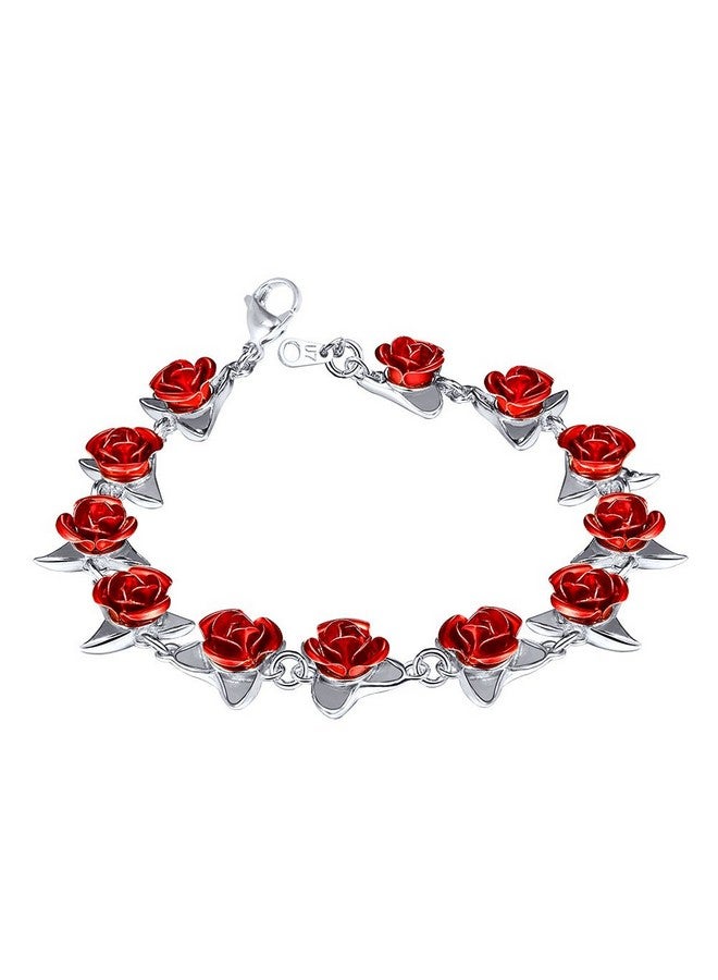U7 Girls Flower Charm Bracelet Platinum Plated Chain Dozen Red Rose Floral Bracelets For Women - Image 1