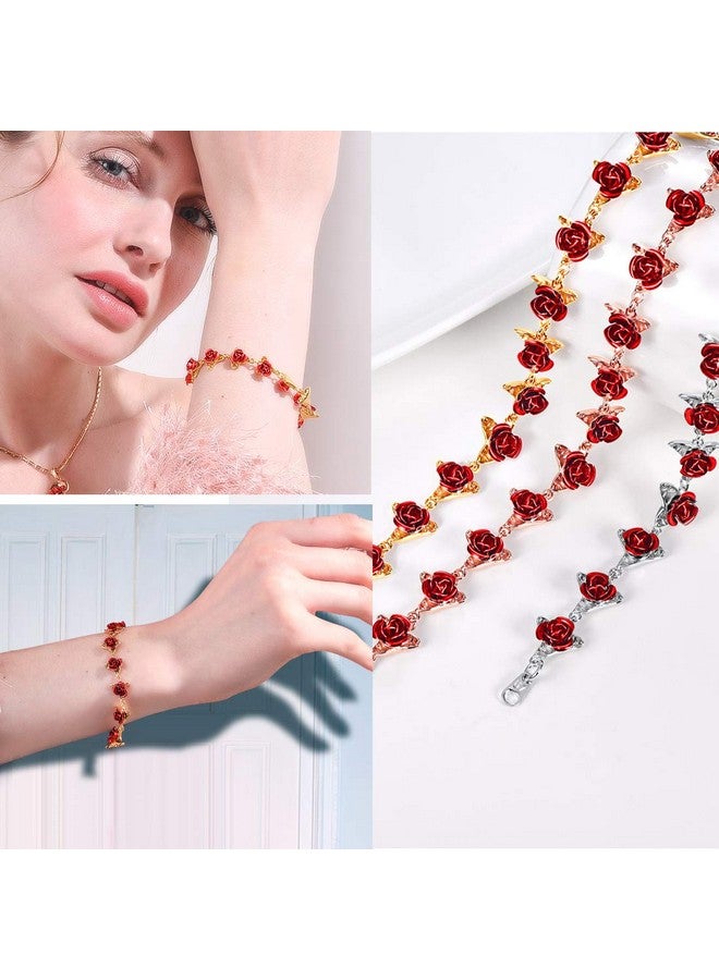 U7 Girls Flower Charm Bracelet Platinum Plated Chain Dozen Red Rose Floral Bracelets For Women - Image 2