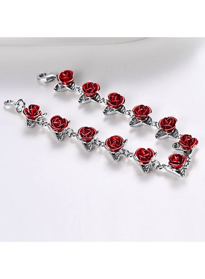 U7 Girls Flower Charm Bracelet Platinum Plated Chain Dozen Red Rose Floral Bracelets For Women - Image 3