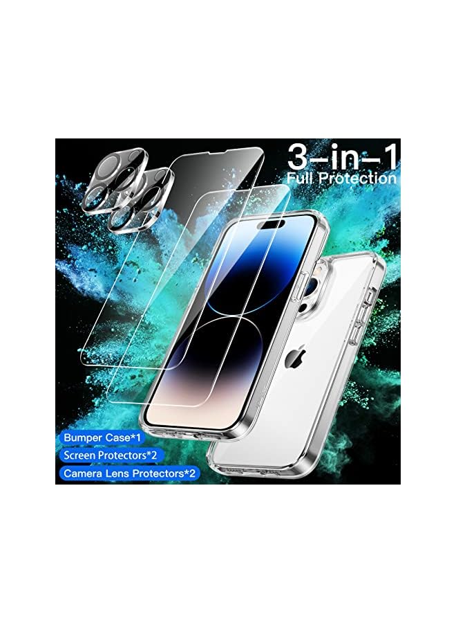 جي تيك حافظة 3 في 1 لهاتف آيفون 14 برو ماكس مقاس 6.7 بوصة مع عبوتين من واقي الشاشة وعبوتين من واقي عدسة الكاميرا لتغطية كاملة من الزجاج المقسى وغطاء هاتف ممتص للصدمات شفاف - Image 2