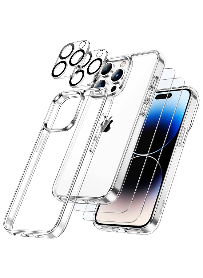 جي تيك حافظة 3 في 1 لهاتف آيفون 14 برو ماكس مقاس 6.7 بوصة مع عبوتين من واقي الشاشة وعبوتين من واقي عدسة الكاميرا لتغطية كاملة من الزجاج المقسى وغطاء هاتف ممتص للصدمات شفاف - Image 1