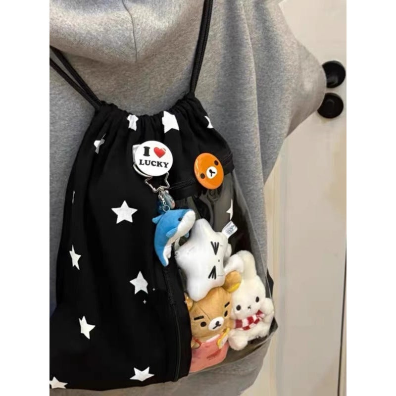 Drawstring Backpack Large Capacity Star Printed Storage Bag Lightweight Commuter Canvas Bag Transparent Pain Bag - Image 4