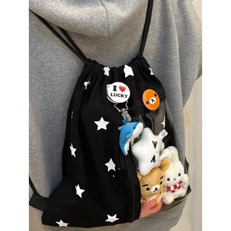 Drawstring Backpack Large Capacity Star Printed Storage Bag Lightweight Commuter Canvas Bag Transparent Pain Bag - Image 2