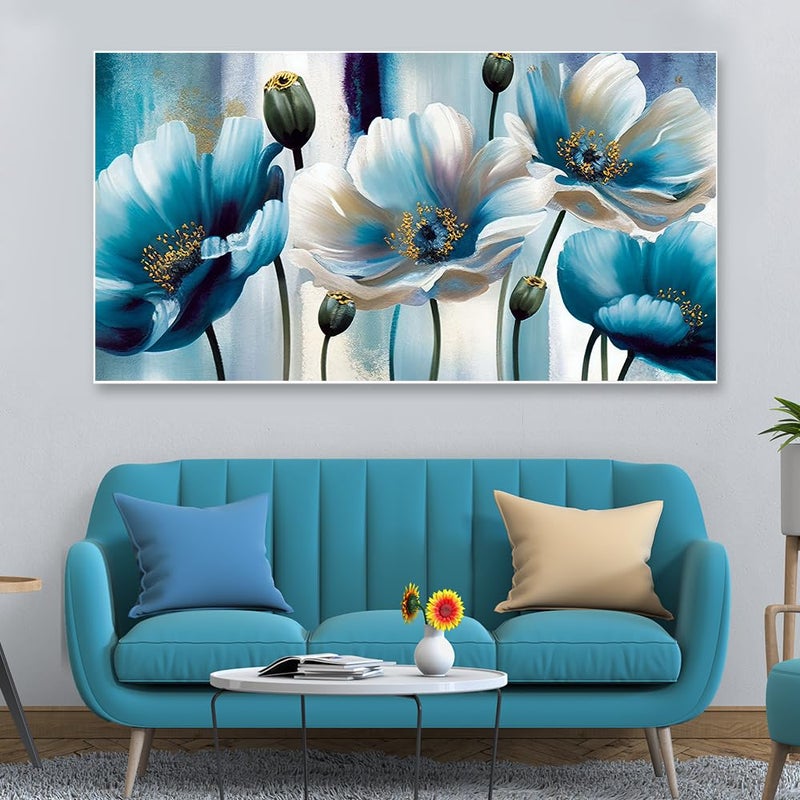 DEKORSTATION Canvas Floral Painting for Living Room Wall Decoration Beautiful Blue and White Flowers Art Print for Home and Office Wall Dcor Size 12x24 Inches