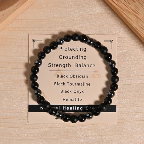Gracayfr Black Tourmaline Bracelet Empath Protection Obsidian Onyx Triple Natural Stone Healing Crystals Spiritual Gemstone Stretch Bead Hematite - Image 3