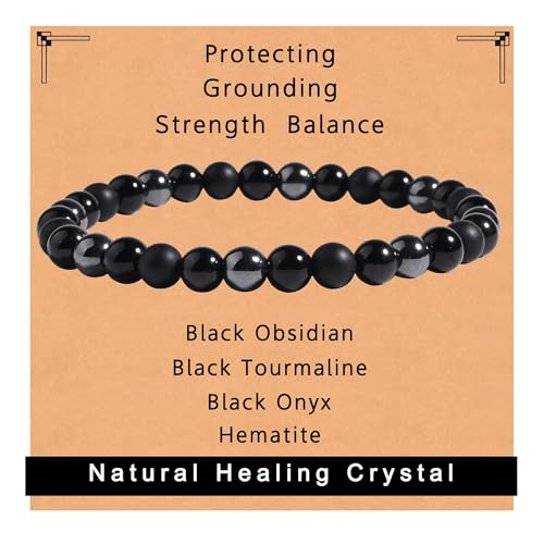 Gracayfr Black Tourmaline Bracelet Empath Protection Obsidian Onyx Triple Natural Stone Healing Crystals Spiritual Gemstone Stretch Bead Hematite - Image 1