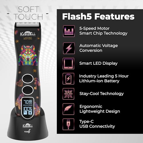 Kenchii Flash 5 Professional Dog Grooming Clippers Cordless 5Speed Pet Hair Trimmer for Thick Coats Matted Fur Quiet Heavy Duty Clipper 5in1 Adjustable Blade LCD Display USBC Wolf Edition - Image 3