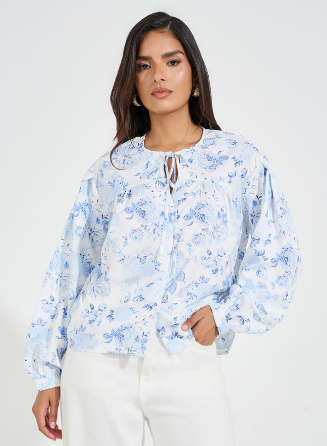Styli Tie-Up Neck Floral Print Blouse - Image 1