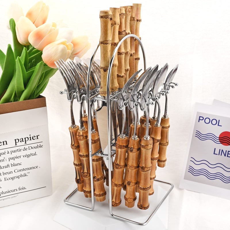 Snplowum 24-Piece Bamboo Flatware Set, Silver Stainless Steel Tableware Set With Cutlery Holder, Kitchen Utensils For Home And Restaurant Daily Use, Mirror Polish, Service For 6 - Image 2