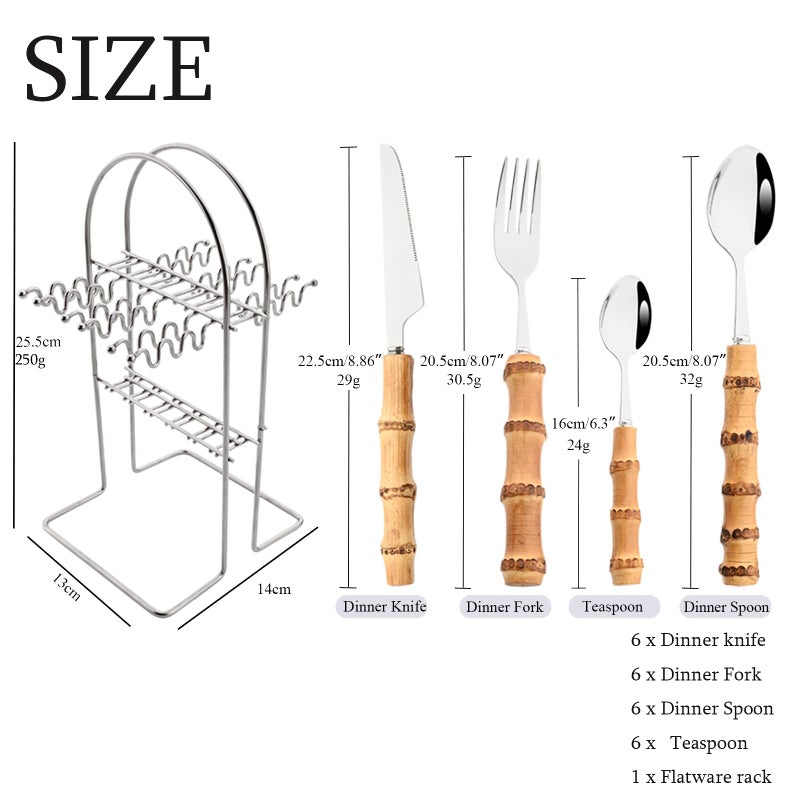 Snplowum 24-Piece Bamboo Flatware Set, Silver Stainless Steel Tableware Set With Cutlery Holder, Kitchen Utensils For Home And Restaurant Daily Use, Mirror Polish, Service For 6 - Image 3