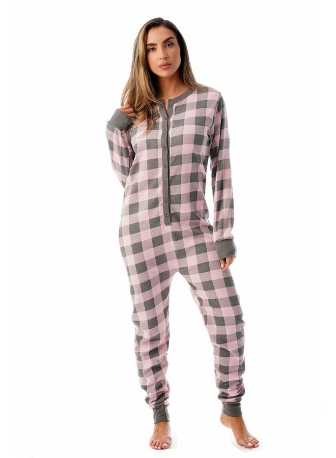 #followme Womens Henley Thermal Onesie Buffalo Plaid and Tie Dye, Pink / Charcoal, S - Image 1
