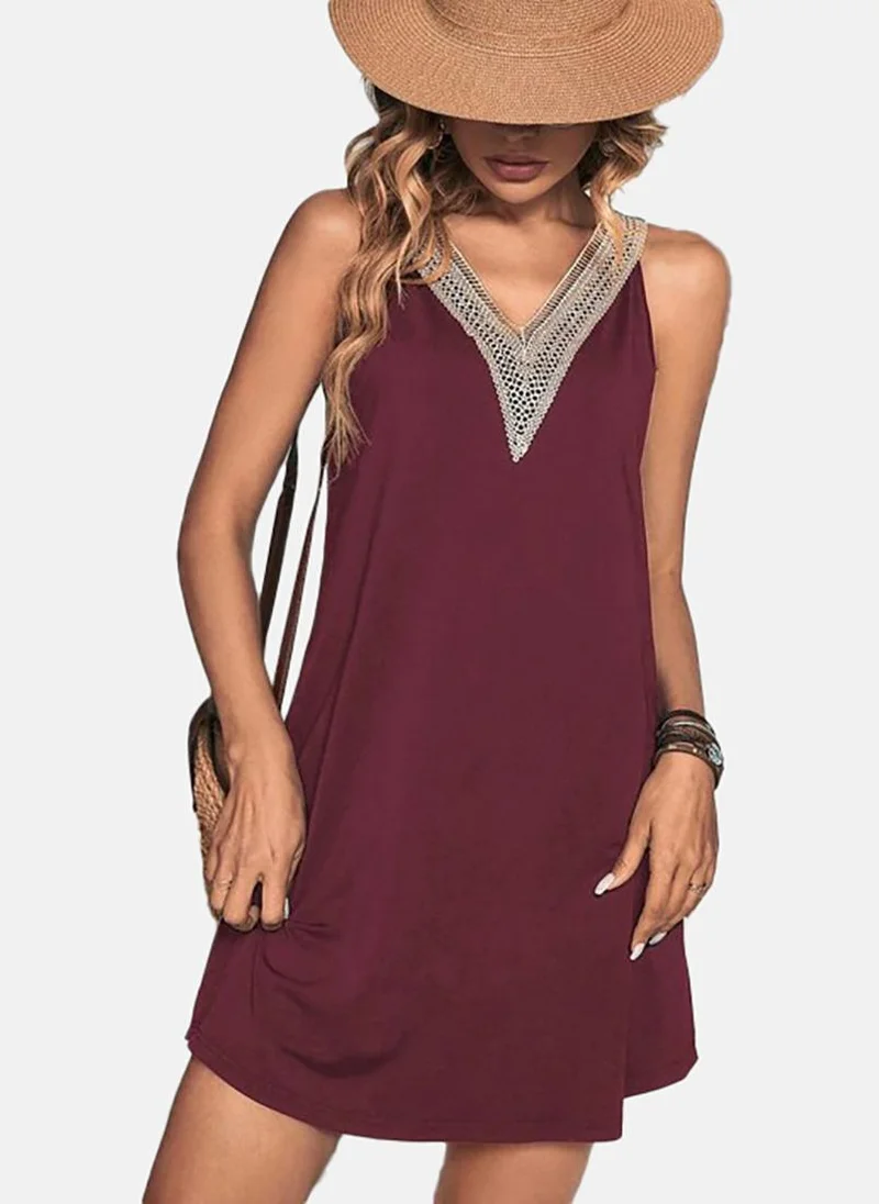 يونيكي Purple Solid Sleeveless V Neck Mini A-Line Dress