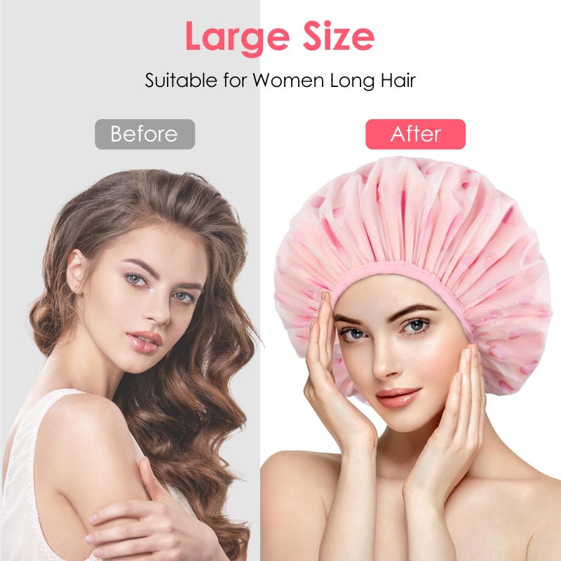 Auban Shower Cap, Shower Cap for Women Terry Cloth Lined EVA Exterior Reusable Double Layer Waterproof, Large Bath Hair Cap, Hotel Travel Essentials Accessories Cleaning Supplies(Pink) - Image 4