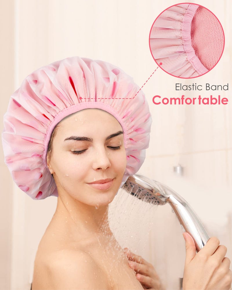 Auban Shower Cap, Shower Cap for Women Terry Cloth Lined EVA Exterior Reusable Double Layer Waterproof, Large Bath Hair Cap, Hotel Travel Essentials Accessories Cleaning Supplies(Pink) - Image 5