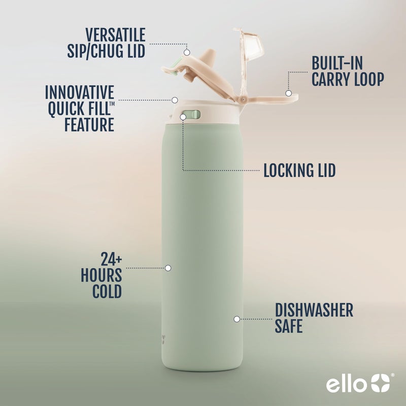 Ello Pop & Fill 22oz Stainless Steel Water Bottle with Quick Fill Technology, Double Walled and Vacuum Insulated Metal, Leak Proof Locking Lid, Sip and Chug, Reusable, BPA Free, Pistachio - Image 2