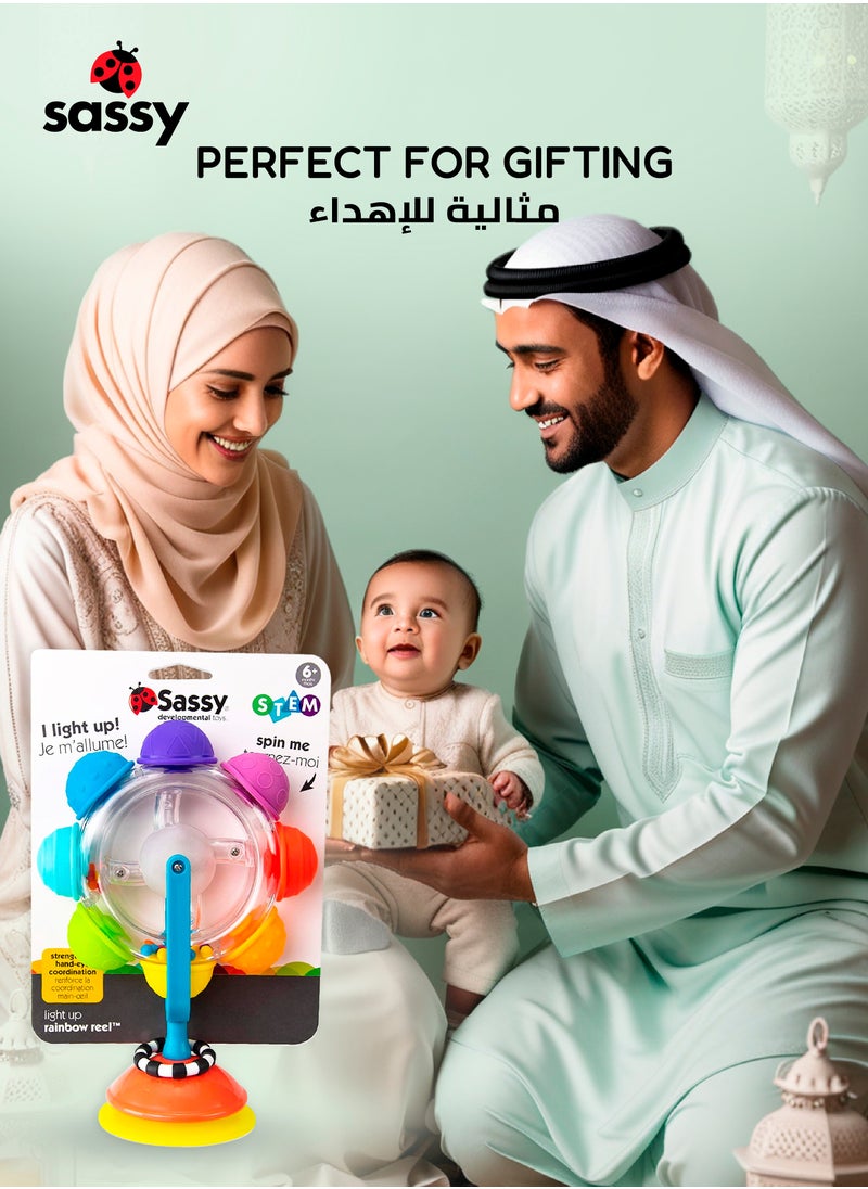 Sassy - Sassy Light-Up Rainbow Reel | STEM Sensory Spinning Wheel Toy with Suction Base | Colorful Textured Bumps & Lights for Baby Tactile & Visual Stimulation | 6M+ - Image 1