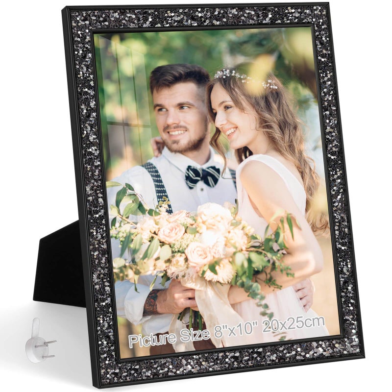 HIKWADERY 8x10 Picture Frame Glitter  Black Bling 8 by 10 Photo Frames with HD Real Glass  for Wall or Tabletop Display (8 x 10  Black) - Image 1