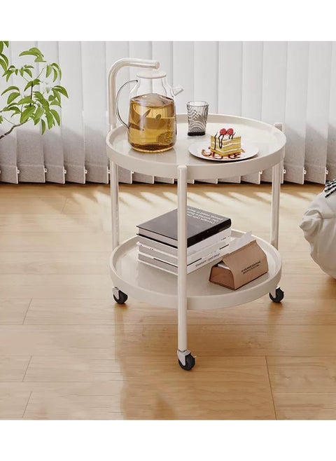 2-Tier Small Round Side Table, Mid Century Modern Walnut Finish Movable Round Coffee Table with MDF Top - Small Rolling Cart for Living Room, Bedside or Sofa Side Table