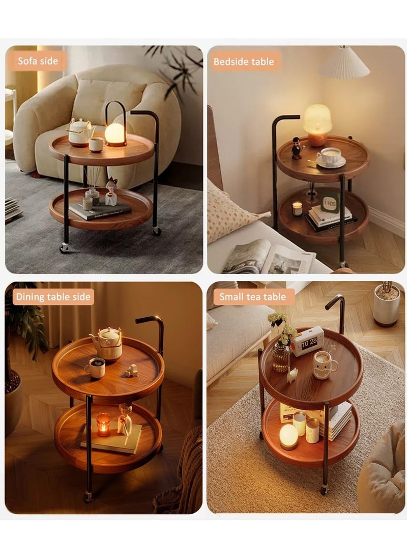 2-Tier Small Round Side Table, Mid Century Modern Walnut Finish Movable Round Coffee Table with MDF Top - Small Rolling Cart for Living Room, Bedside or Sofa Side Table