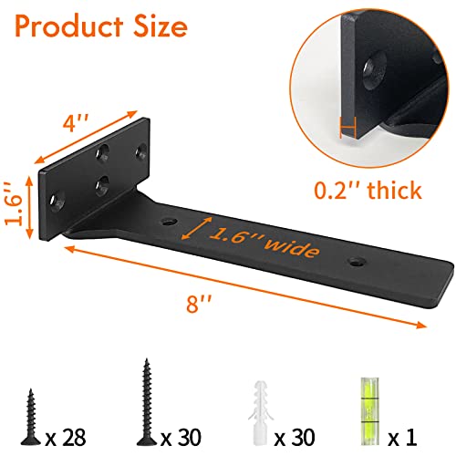 Foozet Floating Shelf Brackets, 8 inch Heavy Duty Industrial Shelf Bracket, Black Metal L Brackets for Shelves Support DIY with Hardware(6 Pack) - Image 2