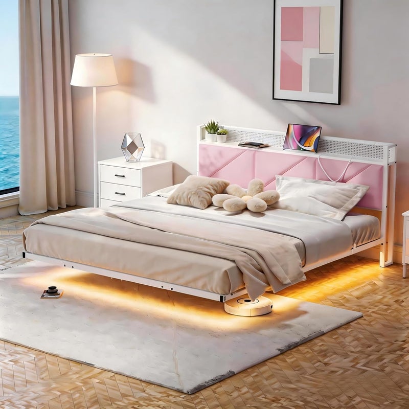 سرير عائم بحجم كينج مع إضاءة LED ومحطة شحن USB، إطار سرير معدني بحجم كينج 150x200 سم مع لوحة رأس مبطنة باللون الوردي بطول 5 أقدام وتخزين، شرائح معدنية متينة، خالٍ من الضوضاء - Image 3