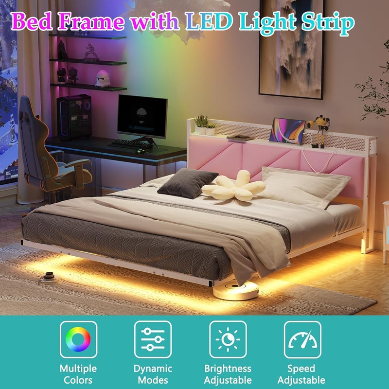 سرير عائم بحجم كينج مع إضاءة LED ومحطة شحن USB، إطار سرير معدني بحجم كينج 150x200 سم مع لوحة رأس مبطنة باللون الوردي بطول 5 أقدام وتخزين، شرائح معدنية متينة، خالٍ من الضوضاء - Image 4