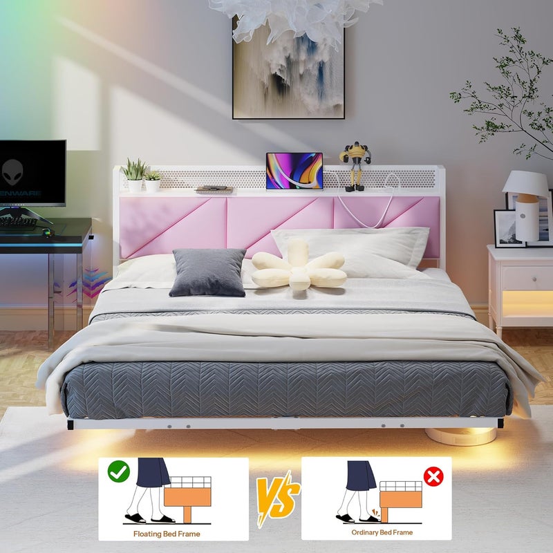 سرير عائم بحجم كينج مع إضاءة LED ومحطة شحن USB، إطار سرير معدني بحجم كينج 150x200 سم مع لوحة رأس مبطنة باللون الوردي بطول 5 أقدام وتخزين، شرائح معدنية متينة، خالٍ من الضوضاء - Image 5