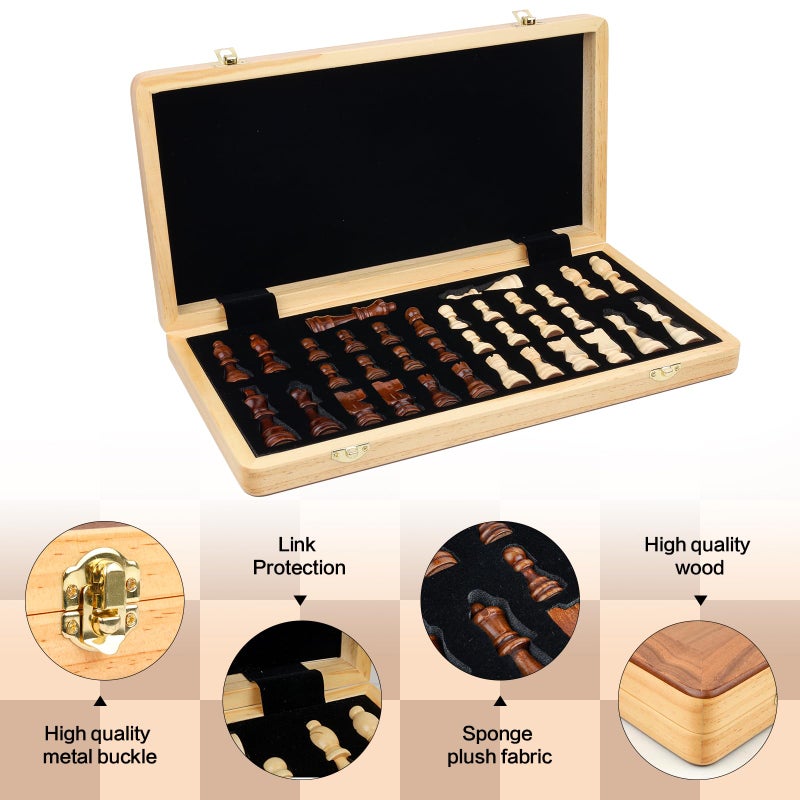 RERIVER 15 Inch Magnetic Wooden Chess Game Set Classic Folding Board Games with Felted Game Board Interior for Storage 2 Extra Queens Pieces Storage Slots - Image 4