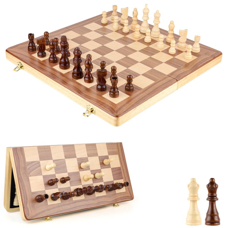 RERIVER 15 Inch Magnetic Wooden Chess Game Set Classic Folding Board Games with Felted Game Board Interior for Storage 2 Extra Queens Pieces Storage Slots - Image 1