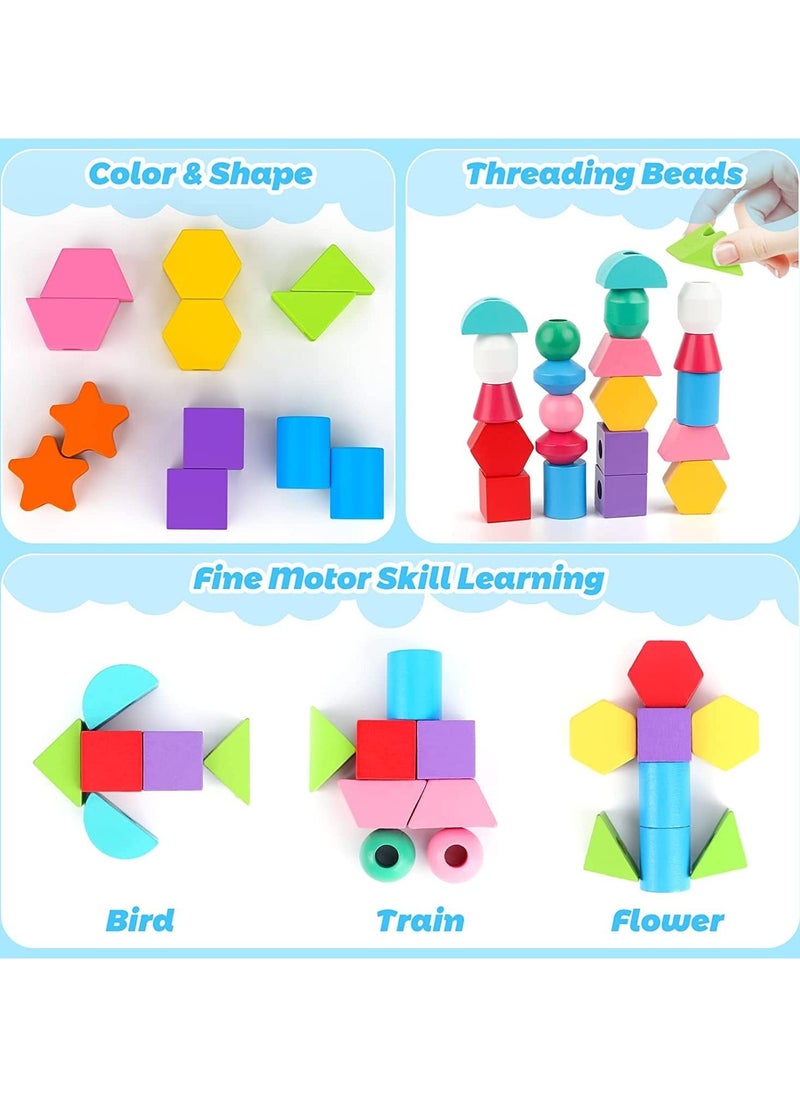 Beauenty Wooden Beads Sequencing Toy Set, Lacing Beads  Matching Shape,Montessori Toys for 2 3 4 5 Year Old STEM Preschool Education Toys Gifts for Kids Boy Girl  - Image 3