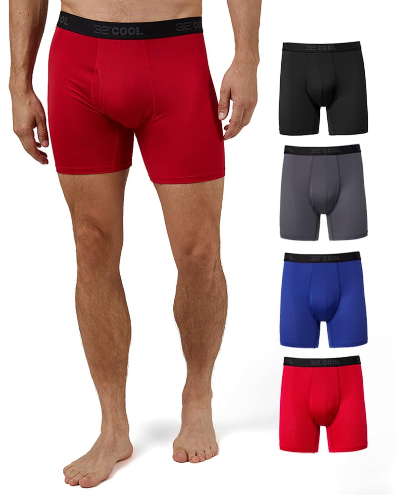 32 Degrees COOL Mens 4-PACK Active Mesh Quick Dry Performance Boxer Brief, Black/Char/Blue/Fire, X-Large - Image 1