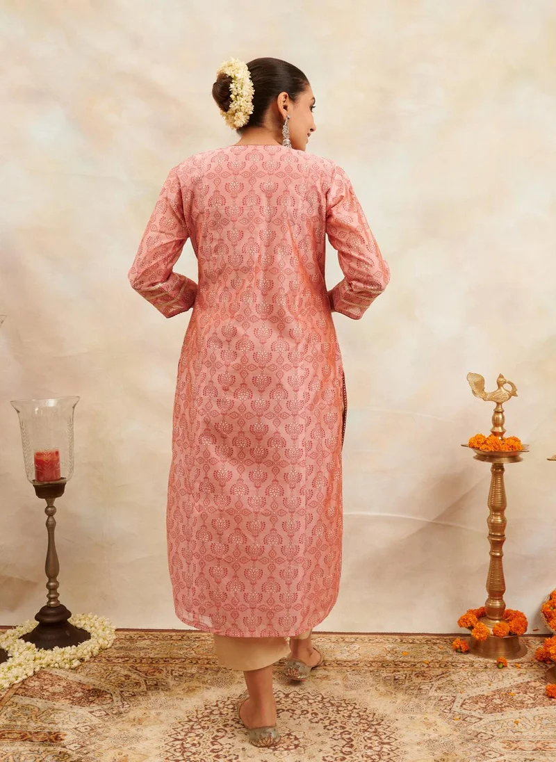 زيري سوق Soft Rust Color Khari Printed Chanderi Silk Kurta