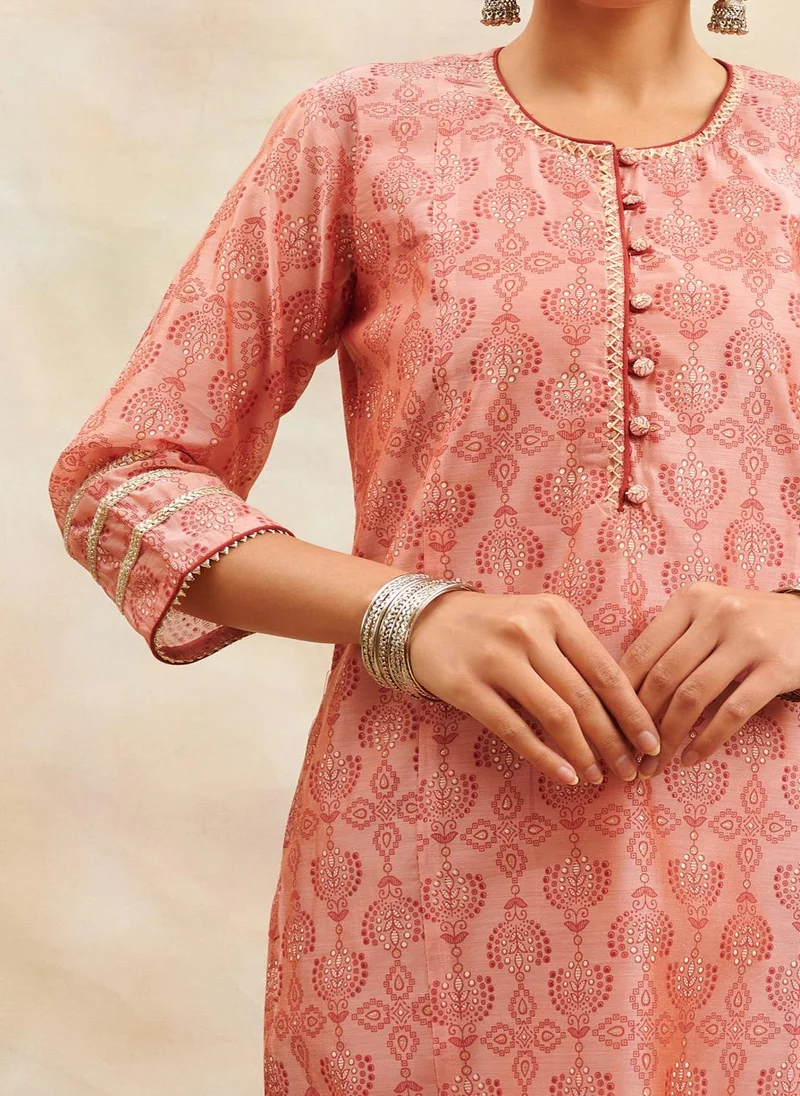 زيري سوق Soft Rust Color Khari Printed Chanderi Silk Kurta