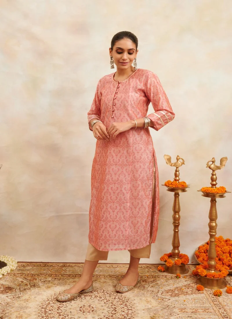 زيري سوق Soft Rust Color Khari Printed Chanderi Silk Kurta