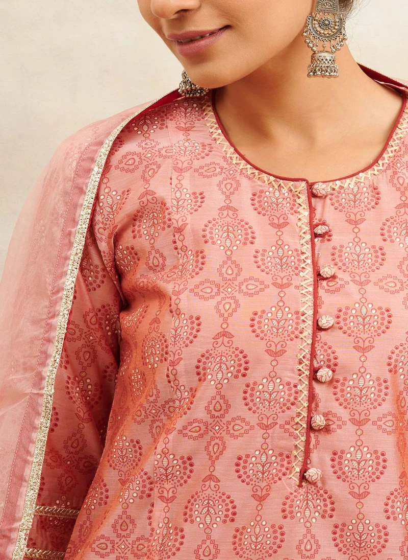 زيري سوق Soft Rust Color Khari Printed Chanderi Silk Kurta