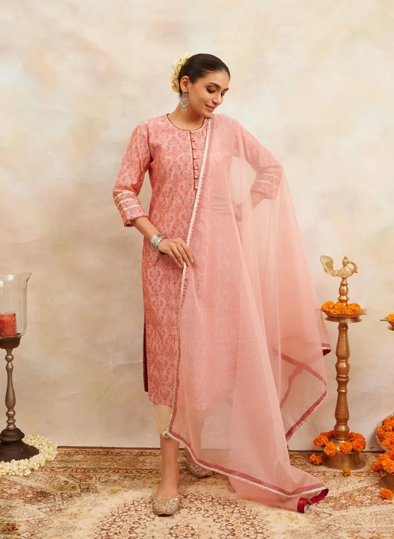 زيري سوق Soft Rust Color Khari Printed Chanderi Silk Kurta