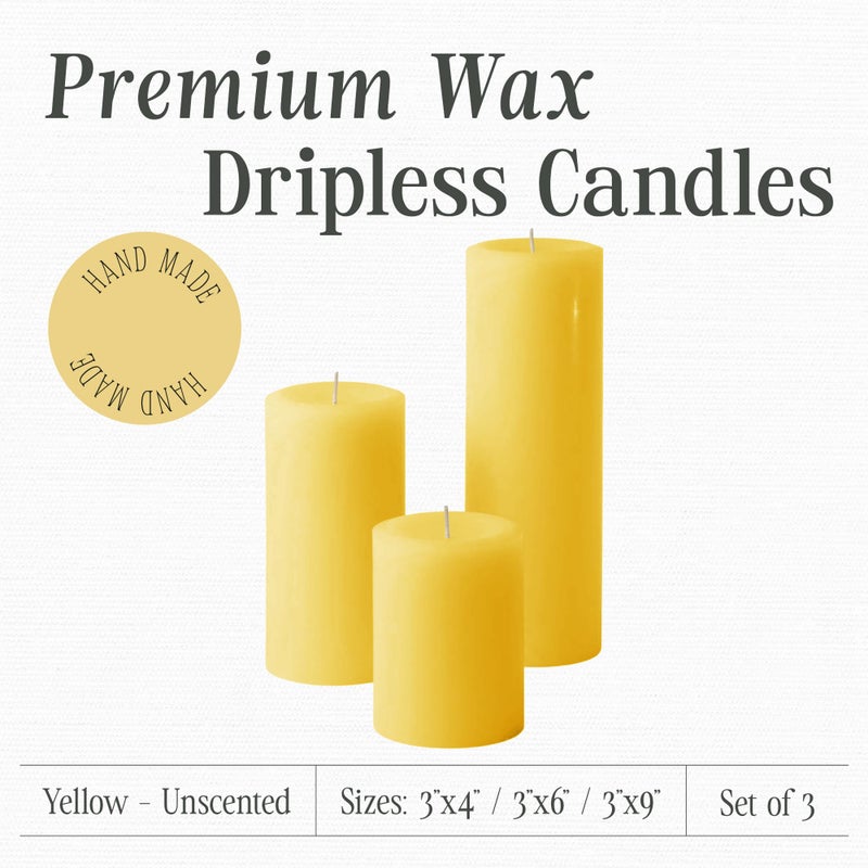 Mister Candle Unscented Dripless Pillar Candles Set of 3, Hand Poured 3 Inch Candles, Premium Wax, Decorative Pillar Candles, (3" x 4", 3" x 6", and 3" x 9", Yellow) - Image 2