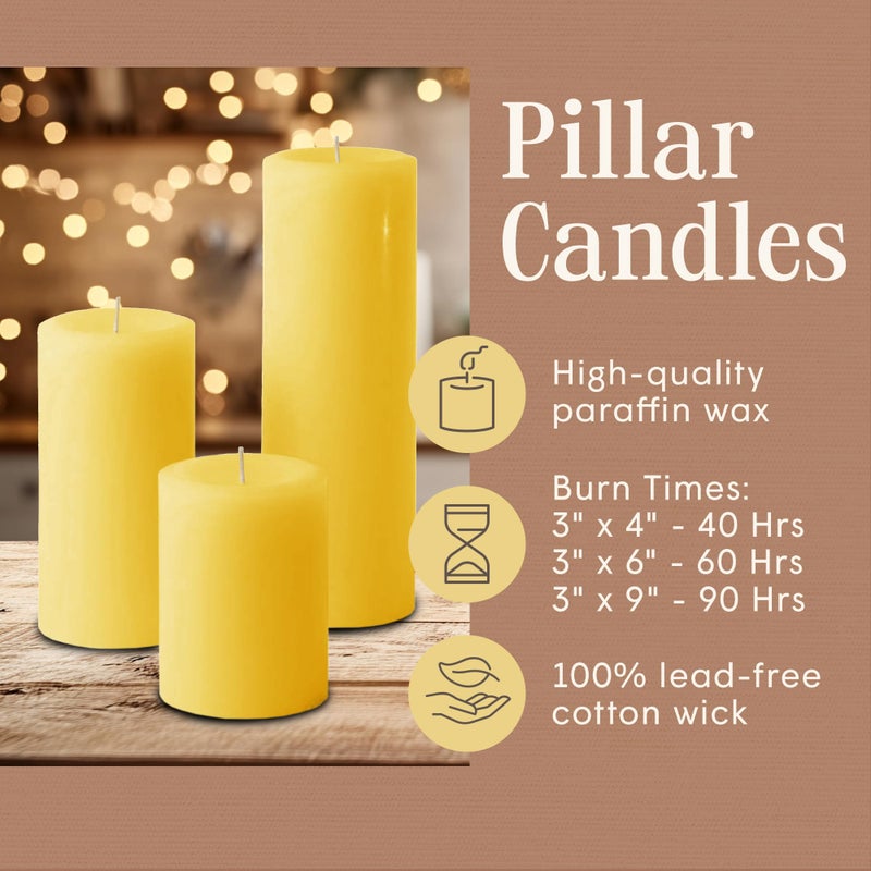 Mister Candle Unscented Dripless Pillar Candles Set of 3, Hand Poured 3 Inch Candles, Premium Wax, Decorative Pillar Candles, (3" x 4", 3" x 6", and 3" x 9", Yellow) - Image 3