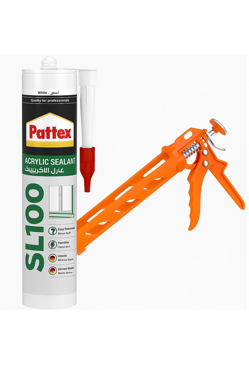 Pattex SL100 Acrylic Silicone Sealant And Silicone Gun (White), Joint Filler for Interior Use, Ideal for Door & Window Frame Sealant, Easy to Use White Sealant-280ml - Image 1