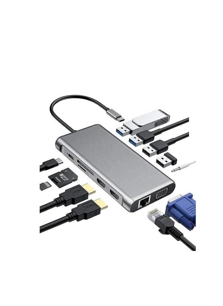 ماركة غير محددة موزع USB نوع سي محول قاعدة توصيل 12 في 1 من 2 منفذ 4K HDMI وVGA و4 منافذ USB 3.0 وبيانات USB نوع سي PD3.0 ومنفذ ايثرنت ار جيه 45 وSD/TF وAUX 3.5 ملم متوافق مع ماك بوك برو/اير والأجهزة من النوع سي  - Image 1