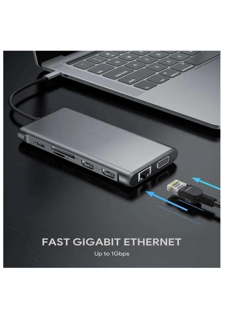 ماركة غير محددة موزع USB نوع سي محول قاعدة توصيل 12 في 1 من 2 منفذ 4K HDMI وVGA و4 منافذ USB 3.0 وبيانات USB نوع سي PD3.0 ومنفذ ايثرنت ار جيه 45 وSD/TF وAUX 3.5 ملم متوافق مع ماك بوك برو/اير والأجهزة من النوع سي  - Image 2