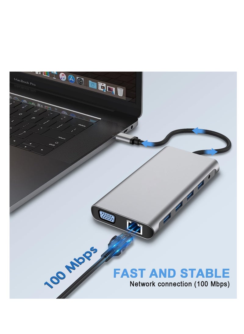 ماركة غير محددة موزع USB نوع سي محول قاعدة توصيل 12 في 1 من 2 منفذ 4K HDMI وVGA و4 منافذ USB 3.0 وبيانات USB نوع سي PD3.0 ومنفذ ايثرنت ار جيه 45 وSD/TF وAUX 3.5 ملم متوافق مع ماك بوك برو/اير والأجهزة من النوع سي  - Image 3