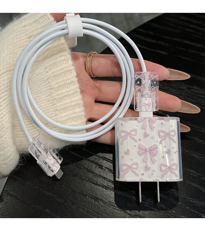 Pink Polka Dot Bow Transparent Charger Cable Case 18W 20W - Image 2