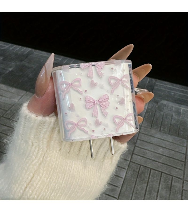 Pink Polka Dot Bow Transparent Charger Cable Case 18W 20W - Image 4