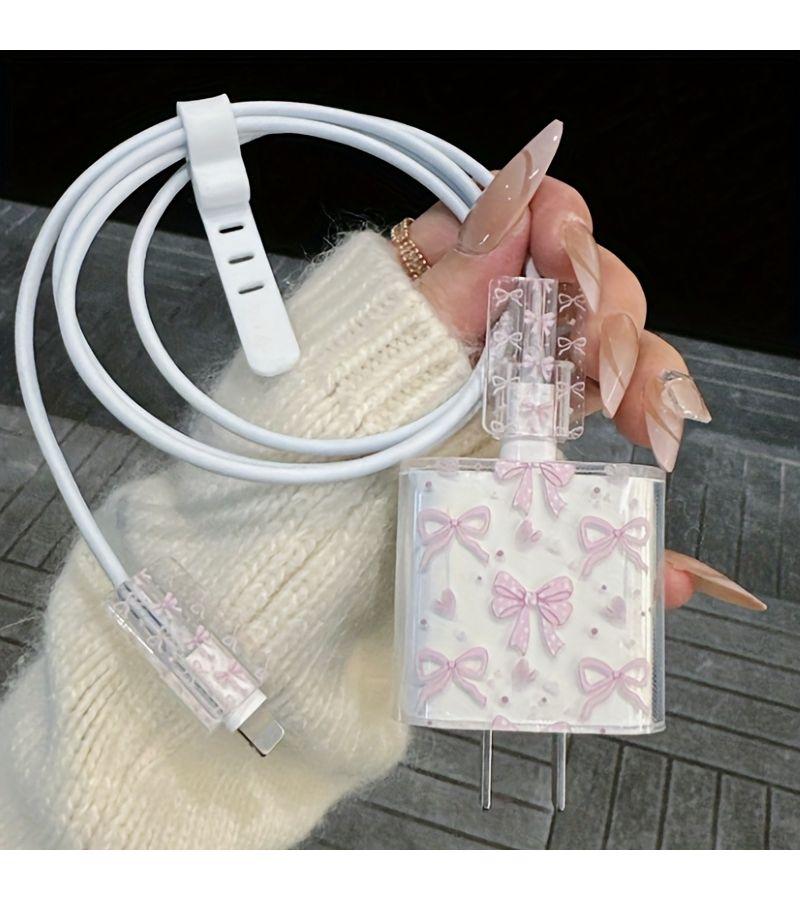 Pink Polka Dot Bow Transparent Charger Cable Case 18W 20W - Image 1