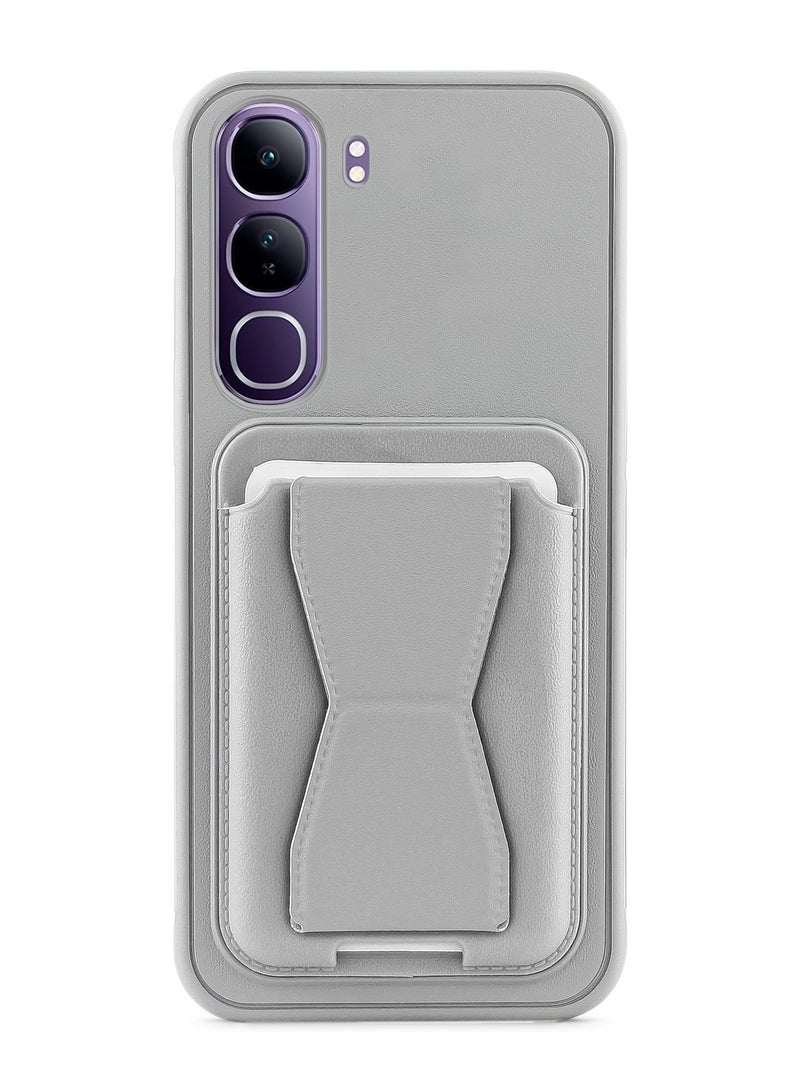 Leather back cover with card wallet Foldable Shockpoof Case compatible with Vivo V40 Lite 4G (Grey) 